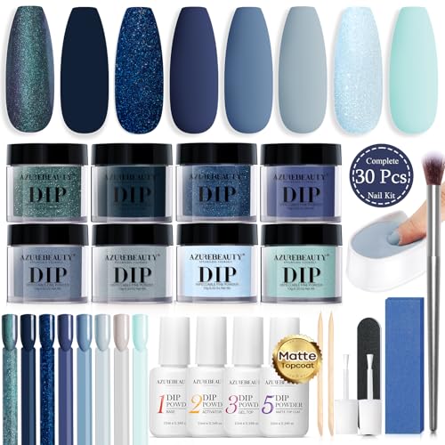 AZUREBEAUTY 30Pcs Dip Powder Nail Kit Starter with Nail Sticks, Glitter Baby Dark Blue 8 Colors Dipping Powder Liquid Set Added Matte Top Coat for Fall Winter Nail Art Manicure Salon DIY Home Gift