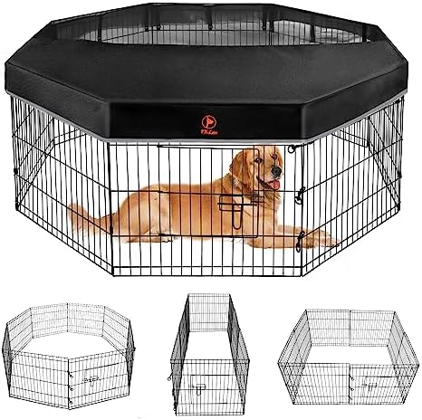 PJYuCien Dog Playpen - Metal Foldable Dog Exercise Pen, Pet Fence Puppy Crate Kennel Indoor Outdoor with 8 Panels 24”H & Top Cover for Small Medium Pets