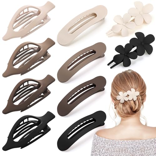 10 Pcs Flat Hair Clips for Women, 3 Styles French Flat Hair Clips Lay Flat Claw Clips Flower Flat Hair Clips, Non-slip Matte Hair Clips for Thin Thick Hair