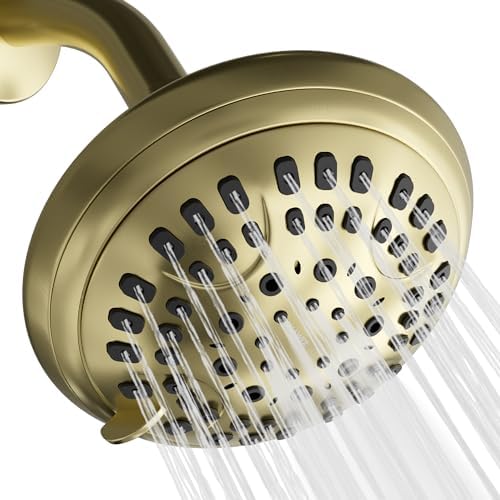 Luxury Spa Series Shower Head, 6 Spray Setting, 4.5 Inch Adjustable High Pressure Shower Head Fixture for Hard Water, 360-Degree Tilt Massage Shower System - Brushed Gold Shower Head