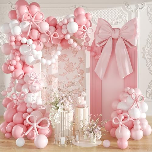 Pink Balloon Garland Arch Kit, Coquette Birthday Decorations 176Pcs Pink Bow Long Balloons Pink and White Balloons Different Size for Wedding Bridal Baby Shower Bachelorette Party Decorations