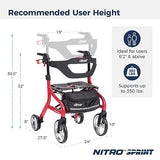 Drive Medical Nitro Sprint Foldable Rollator Walker with Seat, Tall Height Lightweight Rollator with Large Wheels, Folding Rollator, Four Wheel Rolling Walker, Red