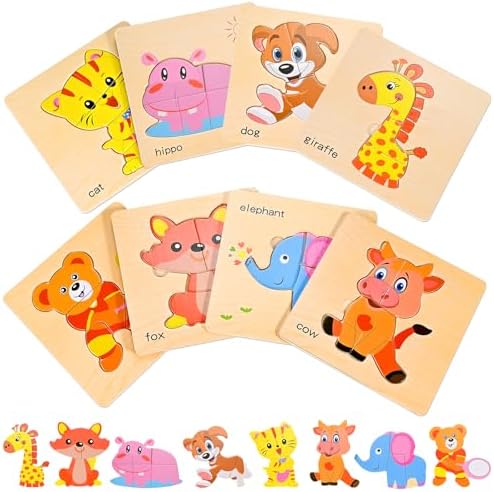 8pcs Wooden Puzzles for Toddlers 1 2 3 4, Toddler Puzzles Ages 1 2 3 4, Montessori Educational Jigsaw Toys Puzzles Christmas Birthday Gift for Kids Girl Boy 1-4 Year Old (Zoo Animals)