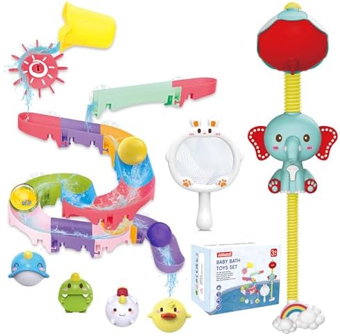 Toddler Bath Toys, Baby Bath Tub Toys with Slide Track and Elephant Shower Sprays, Fishing Floating Animals Toys, Bathtub Toys Gift for Kids Ages 2-5