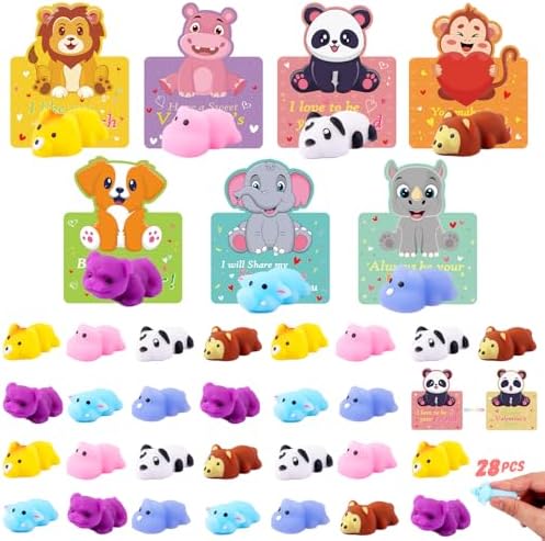Valentines Day Cards for Kids, 3D Color-Changing Cards 28 Pack Valentines Day Gifts for Kids with Mochi Squishy Toys, Valentines Day Exchange Cards Mini Animal Stress Relief Toy Party Favors