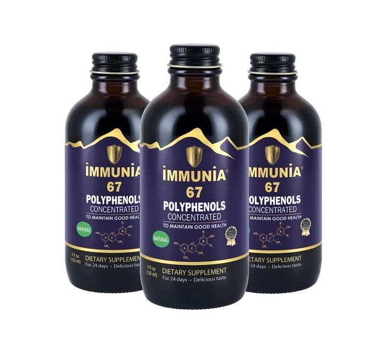 Immunia 67 polyphenols - Elderberry Concentrate and Antioxidant Fruits. Antioxidant Supplement. Concentrate of 67 polyphenols (Anthocyanins, Quercetins, Resveratrols) 3 Bottles