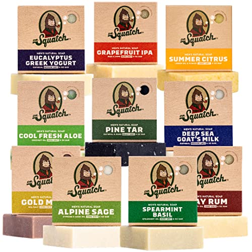 Dr. Squatch Men's Bar Soap Gift Set (10 Pack) - Pine Tar, Bay Rum, Grapefruit IPA, Cool Fresh Aloe, Alpine Sage, Greek Yogurt, Goat's Milk, and more