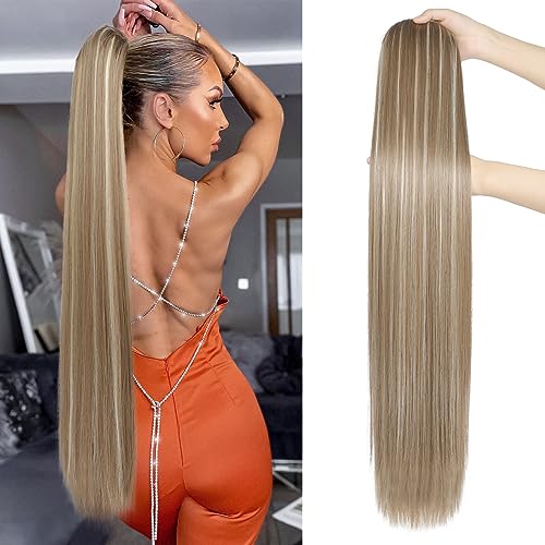 SEIKEA 35" Ponytail Extensions Drawstring Long Straight Fake Pony Tail Natural Soft Clip in Hair Extension Synthetic Heat Resistant Hairpiece Ash Brown with Blonde Hightlights