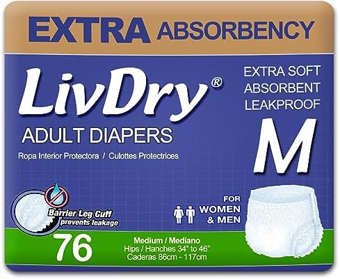 LivDry Adult Incontinence Underwear, Extra Absorbency Adult Diapers, Leak Protection, Medium, 76-Pack