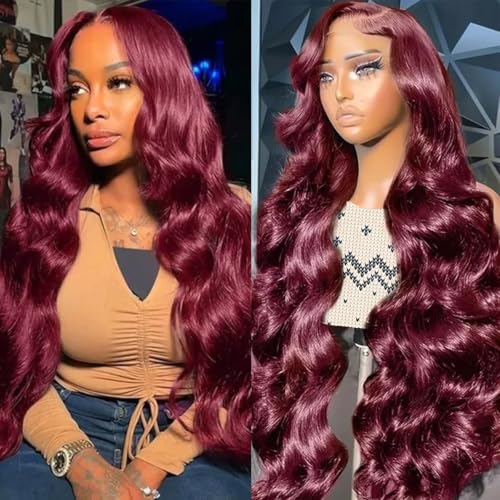 CITY GIRL 26 Inch 99J Burgundy Lace Front Wigs Human Hair 13x4 Body Wave Lace Front Wigs Human Hair Pre Plucked 180% Density HD Transparent Red Colored Wigs Human Hair for Women with Baby Hair