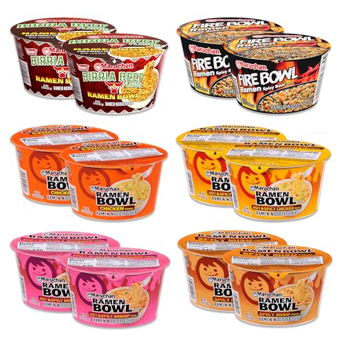 Ramen Noodles Cup Variety 12 Pack- Includes 2 Bowls Each of 6 Flavors- Birria Beef, Flaming Beef, Chicken, Spicy Miso Chicken, Hot N Spicy Shrimp, and Hot n Spicy Chicken