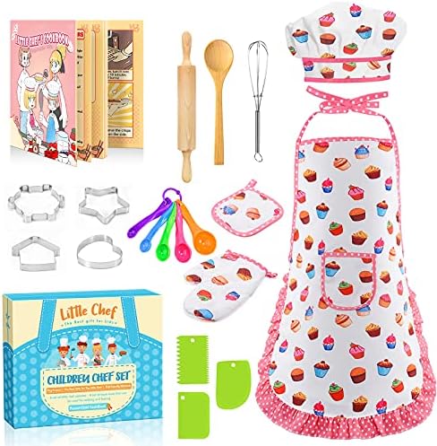 Toyze Birthday Gifts for 3-8 Year Old Girls Cute Stuff Apron for Girls Kids Cooking Sets Toddler Toys Kids Chef Hat and Apron Easter Christmas Stocking Stuffers White-with Cookbook