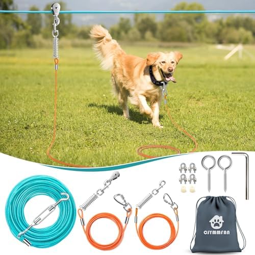 Professional Dog Runner Trolley System，Heavy Duty & Adjustable 175ft Dog Zip Line with 10ft & 15ft Tie Out for Large Dogs Up to 250lbs, Chew Proof Dog Run Cable for Yard, Camping & Outdoor Adventure