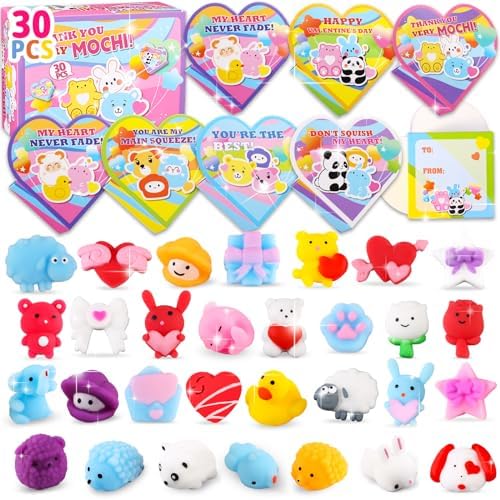 LATEEFAH 30 PCS Valentines Cards Mochi Squishy Toys Party Favors with Heart Boxes for Kids, Happy Valentines Day Exchange Cards Gift Set, School Classroom Valentines Cards Gift Prizes for Kids Treats