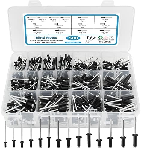 500pcs Black Rivets Pop Rivets Assortment Kit, 14 SAE Sizes Aluminum Rivets (3/32" 1/8" 5/32" 3/16"), Assorted Blind Rivets with Reinfored Divider & Labeled Case for Storage