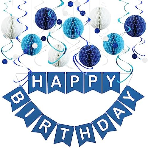Birthday Decorations - Navy Blue, Pack of 17 | Happy Birthday Banner, Honeycomb Balls, Swirls, Garland | Happy Birthday Decorations for Men, Boys