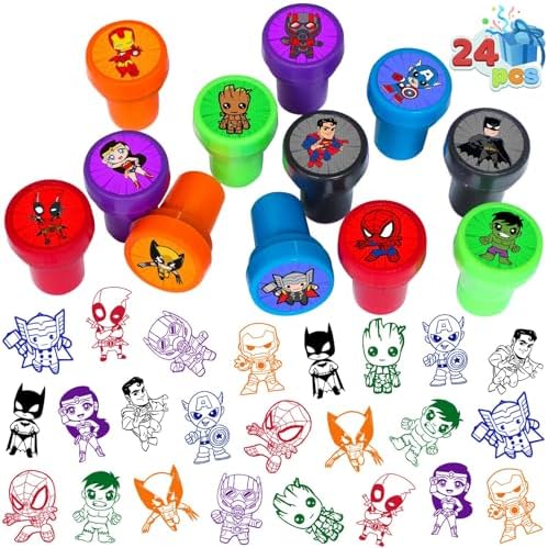 24 Pcs Superhero Themed Stampers, Superhero Birthday Party Supplies, Goody Bag Treat Bag Stuff for Superhero Birthday Party Gifts