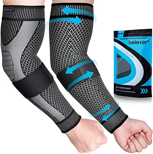beister Compression Arm Sleeves with Elastic Strap for Men & Women (Pairs), Elbow Braces, 20-30 mmhg Non-Slip Breathable Thick Full Arm Supports for Tennis Elbow, Workouts, Arthritis,Lymphedema,DVT