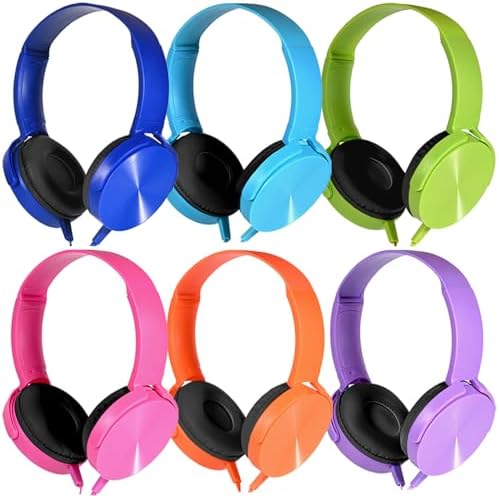 6 Pack Kids Headphones Bulk for School Classroom Students Wired Headsets, Durable Earphones for Children, Library Airplane Online Learning and Travel (6 Mixed Colors)