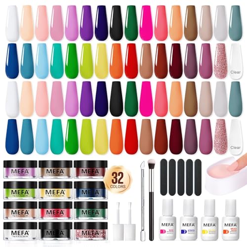 MEFA Dip Powder Nail Kit Pink Glitter Clear Nude White 32 Colors Dipping Powder with Base Top Coat Activator Brush Saver Liquid Set Nail Powder Tray, All Seasons Tones French Nail Art Manicure