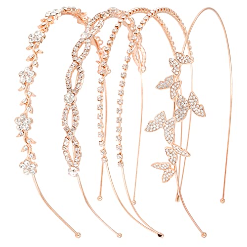 Wecoe 4 Pack Silver Rhinestone Headbands Rose Gold Metal Headbands Flower Girl Bridal Wedding Headpieces Crystal Butterfly Headbands Halloween Christmas Gifts Formal Hair Accessories For Women Girls