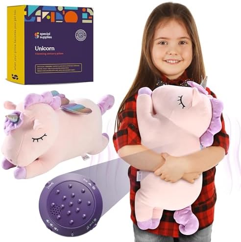 Special Supplies Vibrating Pillow Sensory Pressure Activated Calm for Kids and Adults, Plush Minky Soft Cover -Textured Therapy Stimulation Bumps 3 Vibration Modes, Music & Voice Recording (Unicorn)