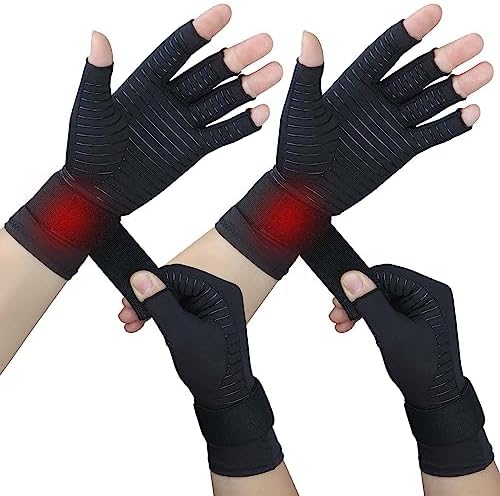 2 Pairs Copper Arthritis Gloves for Women Men, Fingerless Compression Gloves Relieve Hand Pain, Typing Gloves for Arthritis, Carpal Tunnel, Tendonitis, RSI with Adjustable Wrist Strap (Small/Medium)