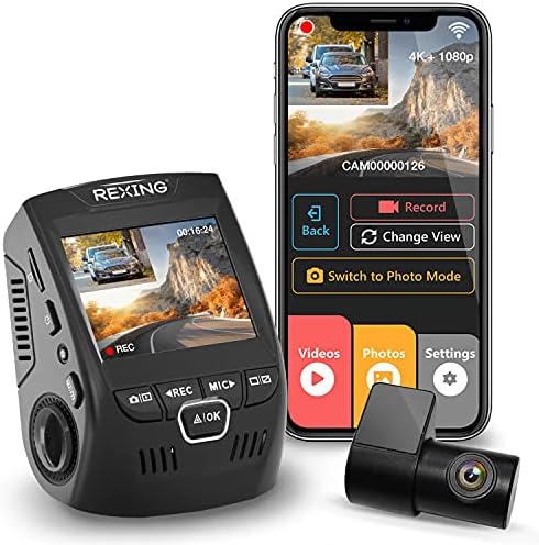 Rexing V1P 4K Car Dash Cam 2.4" LCD 2160p Front + 1080p Rear Wi-Fi 170° Wide Angle Dual Channel with Rear Cam, G-Sensor, WDR, Loop Recording Mobile App Supercapacitor