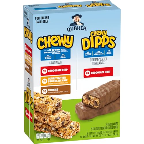 Quaker Chewy Granola Bars, Chewy & Dipps 4 Flavor Variety Pack, 58 Pack, Chocolate Chip, Peanut Butter Chocolate Chip, Smores flavors