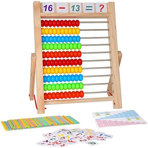 KIDWILL Preschool Math Learning Toy,10-Row Wooden Frame Abacus with Multi-Color Beads, Counting Sticks, Number Alphabet Cards, Gift for 2 3 4 5 6 Years Old Toddlers Boys Girls