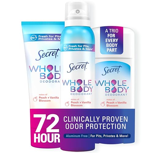 Secret Whole Body Deodorant For Women Stick, Spray & Cream Regimen Pack, Peach & Vanilla Scent, Aluminum Free Deodorant, 72 HR Odor Protection, 2.4 oz. 3 oz, 3.5 oz