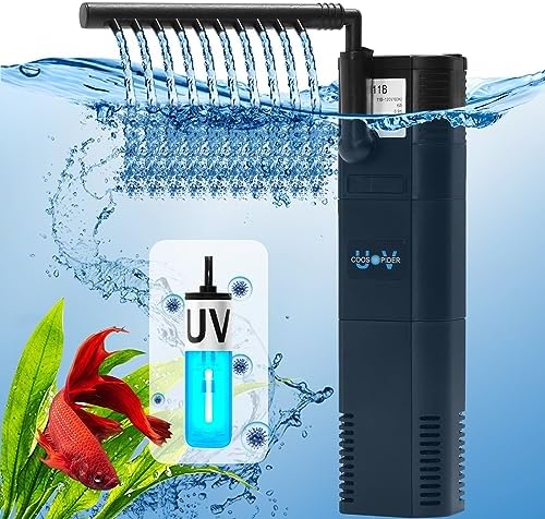 Fish Tank Filter for 10-40 Gallon Tank, U-V Aquarium Filter Rainfall Submersible Green Clean Machine 120GPH Internal Filter for Betta Turtle Freshwater Saltwater Tank Crystal Clear Green Killing