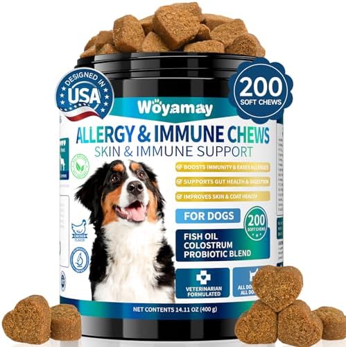 200 Dog Allergy Chews Anti-Itch for Dogs, Dog Allergy Relief Chews for Dogs Itching Skin Relief, Skin & Coat Supplement, Omega 3 Fish Oil, Turmeric & Colostrum Immune Support, Hot Spots, Paw Licking