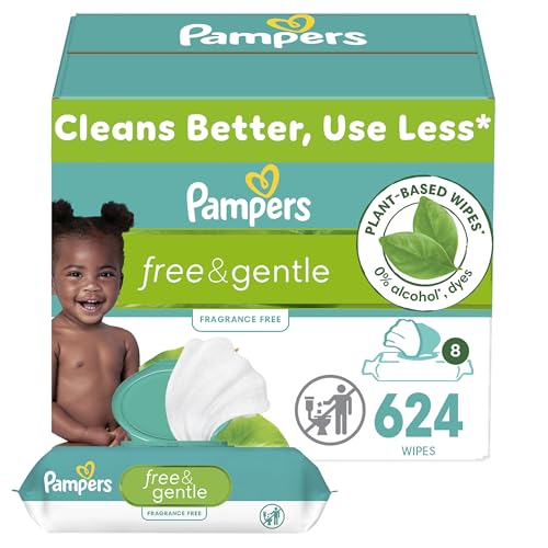Pampers Baby Wipes, Free & Gentle, Hypoallergenic and Unscented Wipe, 100% Plant Based, Plastic-Free for Babies, 624 Total (8 Flip-Top Packs)