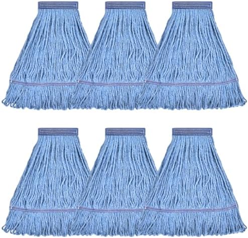 Matthew Cleaning Heavy Duty Mop Head Commercial Replacement for General and Floor Cleaning , Wet Industrial Blue Cotton Looped End String Head Refill (Pack of 6) Blue
