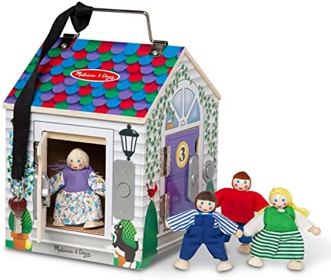 Melissa & Doug Take-Along Wooden Doorbell Dollhouse, Doorbell Sounds, Keys, 4 Poseable Wooden Dolls, 9' H X 6.8' W X 6.8' L