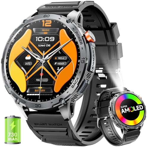 Military Smart Watch for Men 1.75" HD AMOLED Display 730mAh Battery Smart Watches with LED Flashlight for Android iOS（Bluetooth Call Answer/Dial Calls） Fitness Tracker with Heart Rate