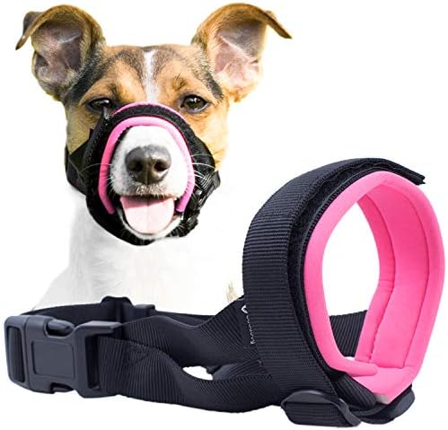 Gentle Muzzle Guard for Dogs - Prevents Biting and Unwanted Chewing Safely Secure Comfort Fit - Soft Neoprene Padding – No More Chafing – Training Guide Helps Build Bonds with Pet (S, Pink)
