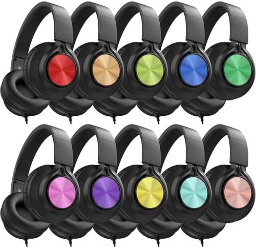 AILIHEN Headphones Bulk for Classroom 10 Pack - Kids Wired Headphones for School Students, Over-Ear Headphones with Microphone HD Stereo Sound 3.5mm Jack for Library, Online Learning (Muiticolor)