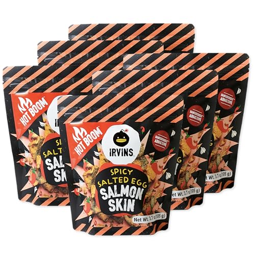 IRVINS Hot Boom Spicy Salted Egg Salmon Skin Chips Crisps | Premium Hand Cooked | Halal | High Protein | Keto-Friendly | 3.7 oz (Pack of 6)