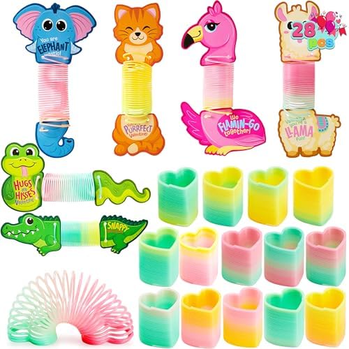 JOYIN 28 Packs Colored Springs with Animal Kind Gift Cards , Mini Coil Springs Toys, Stress Relief Toys for Kids Party Favors, Classroom Exchange and Goodie Bags Stuffers, Game Prizes and Party Favors