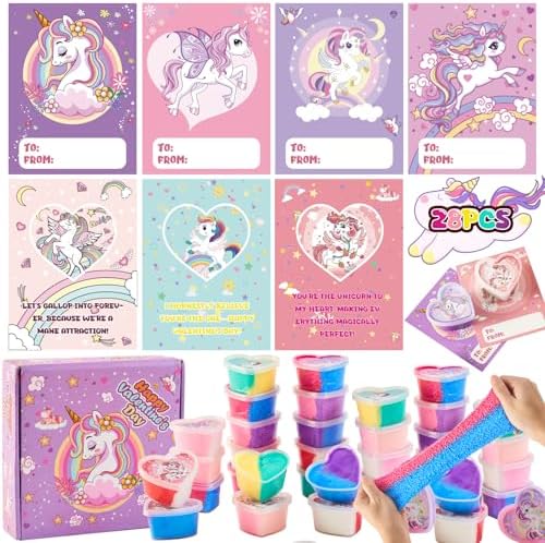 Funewest Valentines Day Gifts for Kids, Unicorn Themed Heart Slime with Cards, 28 Pack DIY Valentine Exchange Set for Girls Boys, Classroom Party Favors, Valentine Gift Exchange for School Classrooms