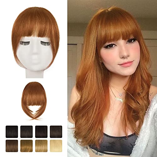 BARSDAR Human Hair Clip in Bangs - French Thick Human Hair Bangs Clip in Extensions for Women - Auburn Hair Bangs Clip on Fringe Real Human Hair Bangs Hairpieces Daily Dyeable - Medium Auburn