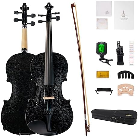 PHOENIX Violin 4/4 Full Size Set, Fiddle Solid Wood for professional Beginners Adults with Rosewood Bow Extra strings & Bridge,Rosins, Tuner, Mute, Case (Black, Full)