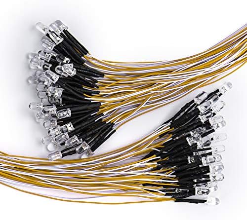 DiCUNO 100Pcs 5MM Pre Wired 12V Warm White LED Diodes, 9.4 Inch/24CM Ultra Bright Light Emitting Diodes Assorted Color Kit Box for Circuit Science Experiment, DIY Lighting Projects
