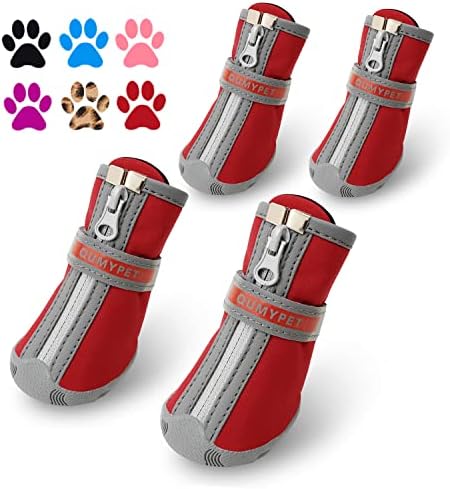 QUMY Dog Shoes for Small Dog, Puppy Dog Boots & Paw Protectors for Winter, Summer Hot Pavement, Waterproof in Rainy Weather, Ourdoor Walking, Indoor Hardfloors Skid-Resistant Soles Red Size 2