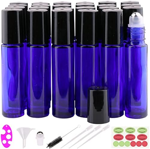 inice 24 Pack,10ml Roller Bottles for Essential Oils Cobalt Blue Glass Stainless Steel Roll On Ball Bottles for Travel