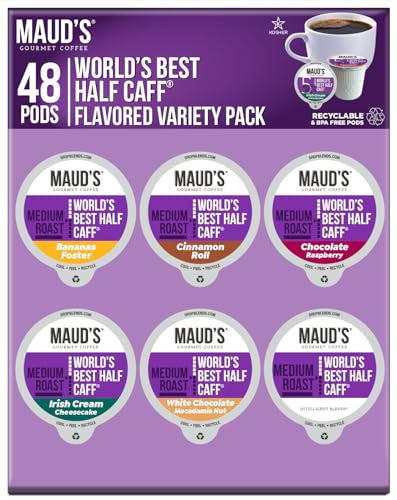 Maud's Half Caff Coffee Pods Variety Pack, 48 ct, 6 Assorted Flavors, Medium Roast Coffee in Recyclable Single Serve Pods – 100% Arabica Coffee, Compatible with Keurig K Cups Maker