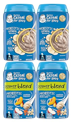 ‎Gerber 2nd Foods Cereal for Baby Variety Pack, 2 Probiotic Oatmeal Banana & 2 Powerblend Probiotic Oatmeal Lentil Peach Apple Variety Pack