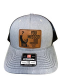 You Missed Trump Shot Never Surrender Trucker Hat, Conservative Cap, Leather Patch Hat, Laser Engraved,- Adjustable Snapback for Republicans (Heather Grey)